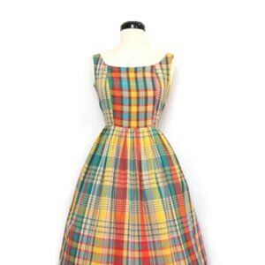 Vintage 1950s Rainbow Plaid Dress with Fill Skirt - Small